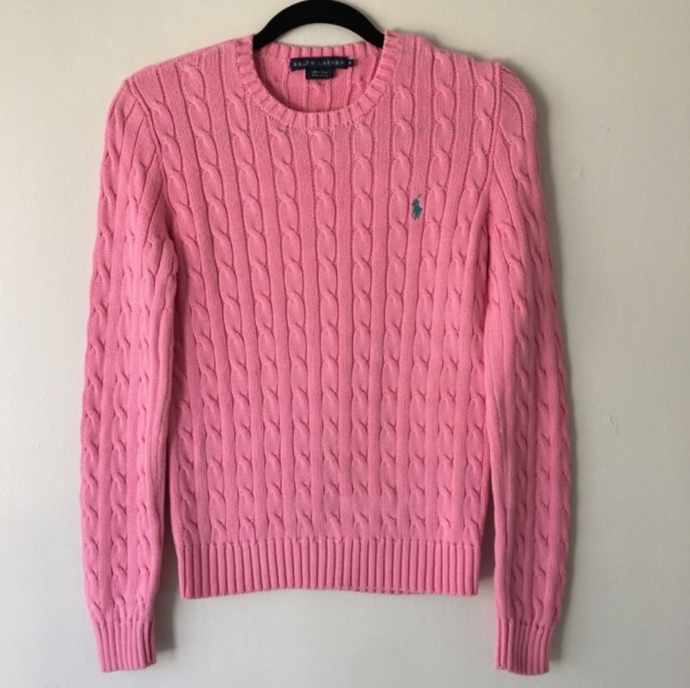 Ralph Lauren Cable Knit Sweater Pink M Crew Neck Long Sleeve Pullover - Picture 2 of 8